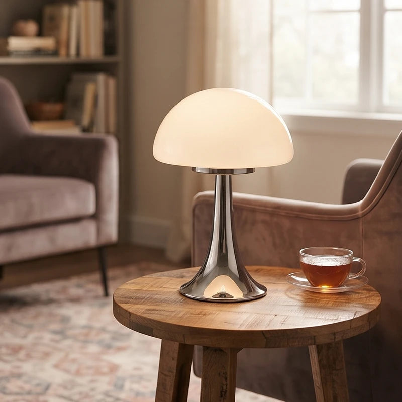 A modern table lamp with a white dome shade and polished chrome base sits on a round wooden end table.