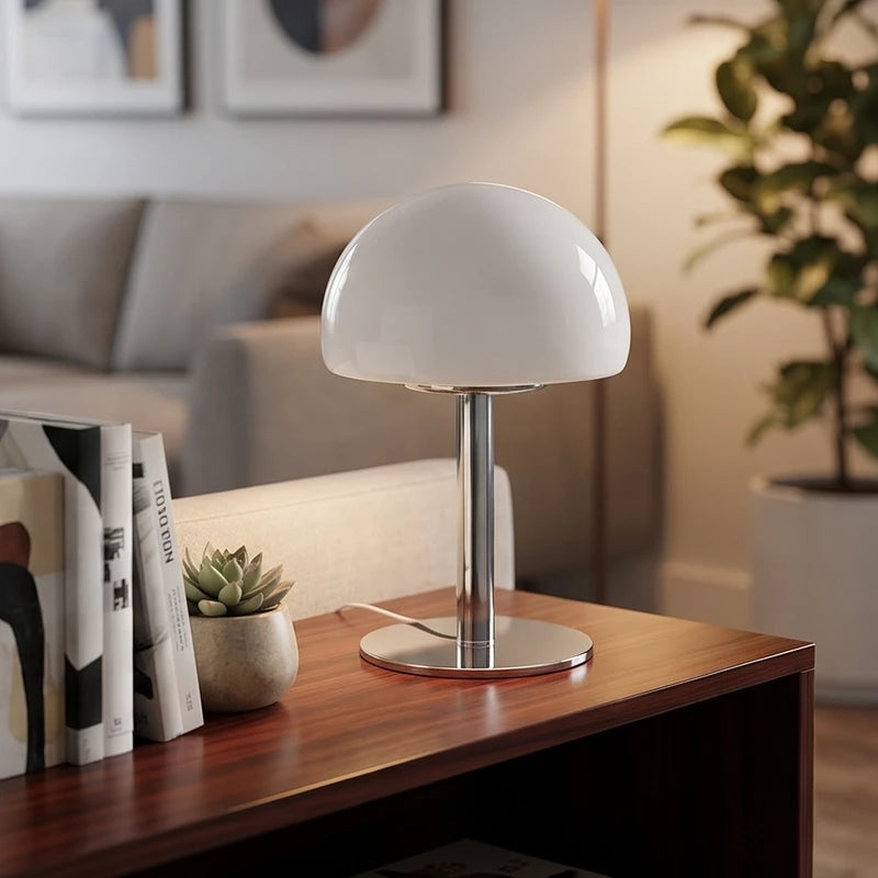 A mushroom-shaped table lamp with a white glass shade and chrome base sits on a dark wooden side table.