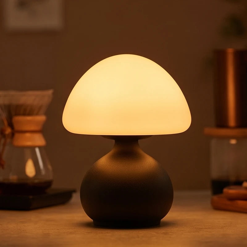 Mushroom-shaped table lamp with a glowing white frosted glass shade and a textured matte black base on a dark surface.