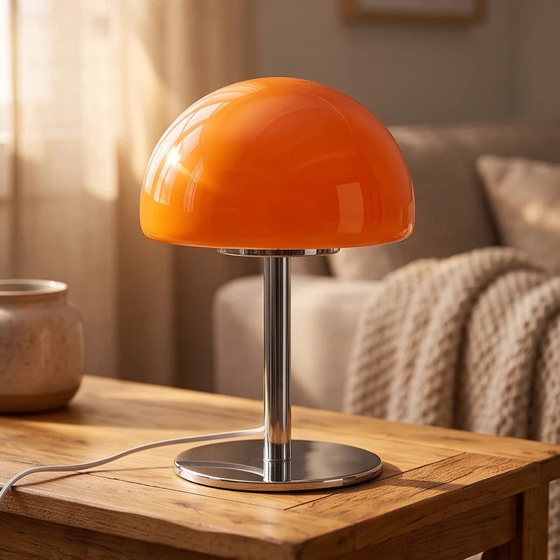 Orange glass mushroom lamp with a shiny silver base on a wooden table in a living room setting.