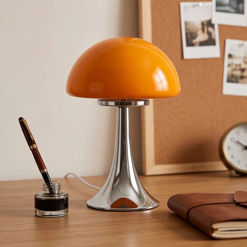 Orange mushroom-shaped lamp with a glossy chrome base on a wooden desk, next to an inkwell and leather notebook.