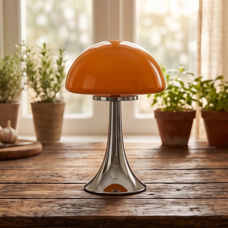 Orange mushroom-shaped table lamp with a glossy chrome trumpet base, sitting on a rustic wooden table by a sunny window.