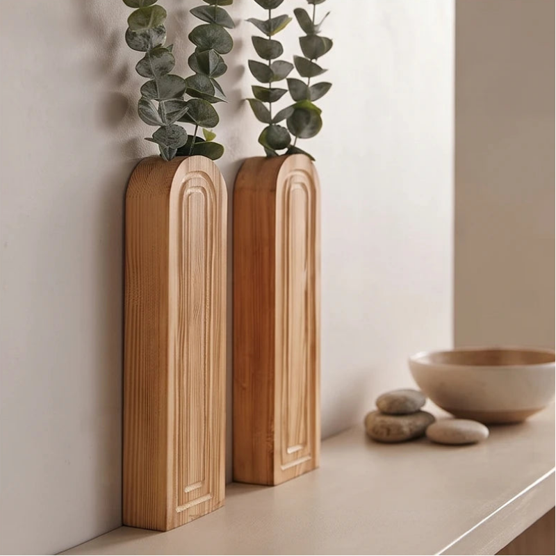 Two tall, light wooden vases with carved arched details, each holding green eucalyptus branches, sit on a light shelf.